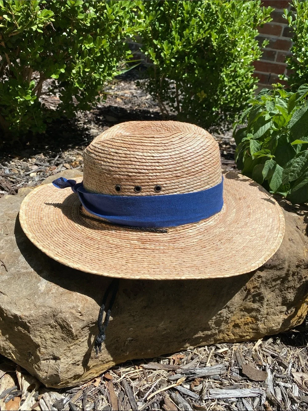 Women's Palm Leaf Straw Wide Brim Sun Hat with Blue Linen Hatband & Chinstrap